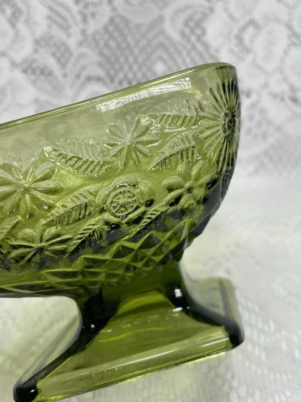 Vintage Green Indiana Glass Daisy Floral Candy Dish, Diamond Shaped Dish